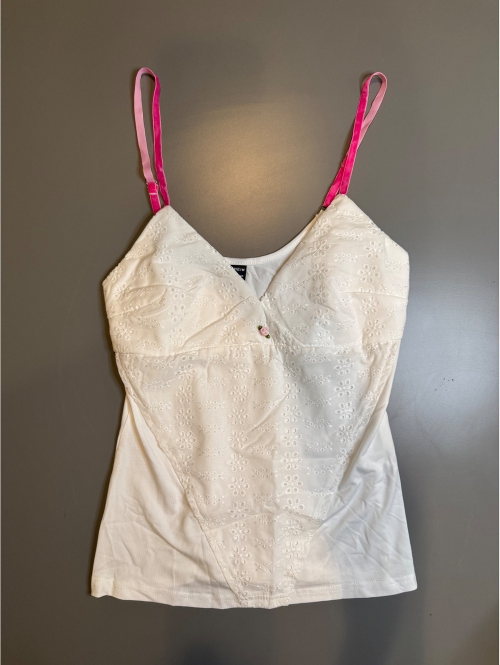SHEIN Women's White Eyelet Lace Camisole Top with Pink Adjustable Straps, Size S